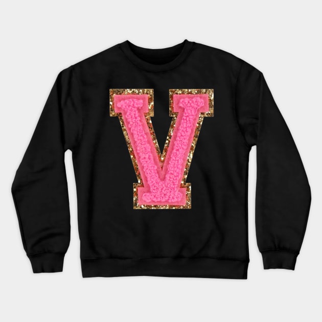 V - Bubblegum Glitter Varsity Letter Patches Crewneck Sweatshirt by Ramagarma